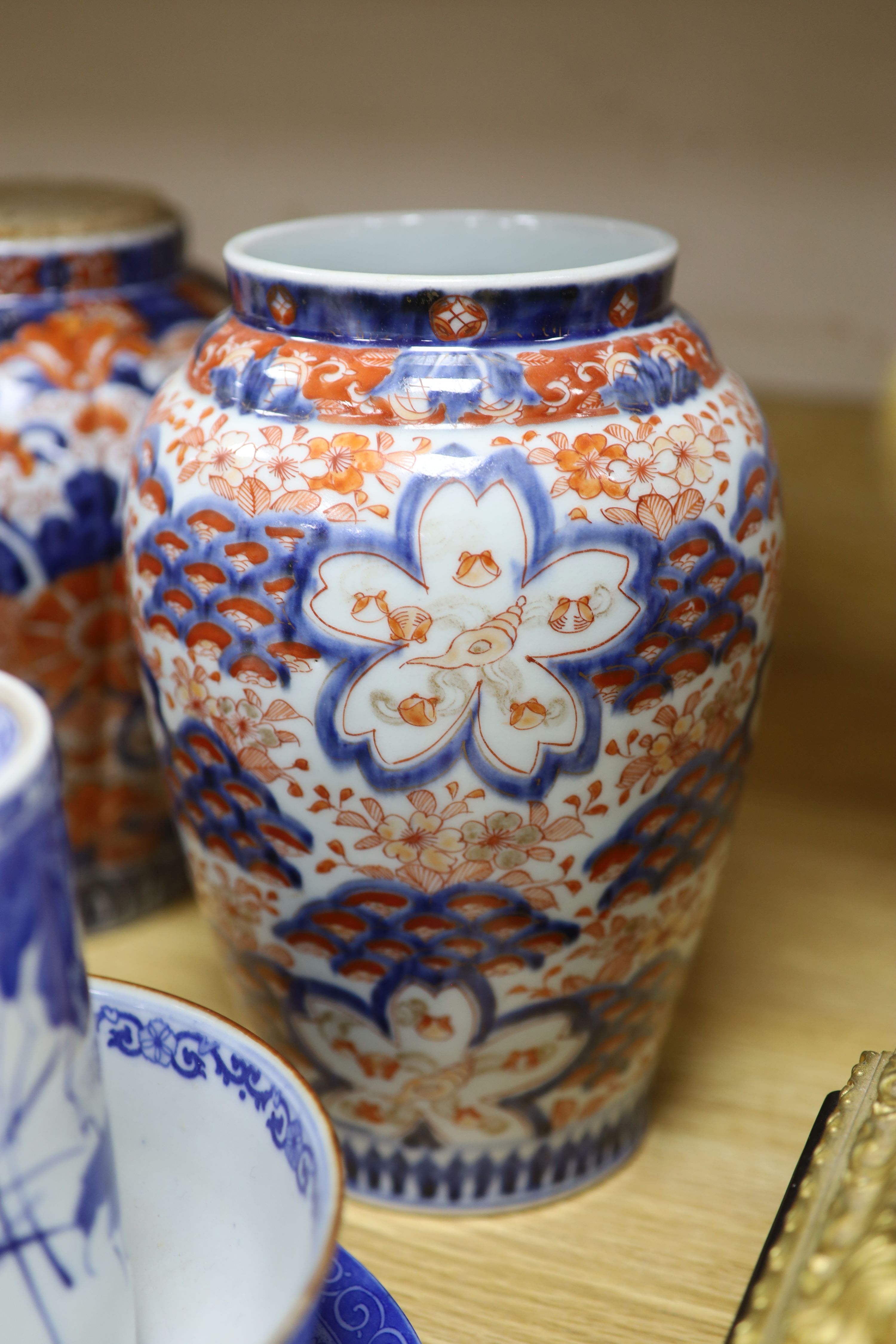 Three Japanese Imari vases, a plate and other Japanese ceramics